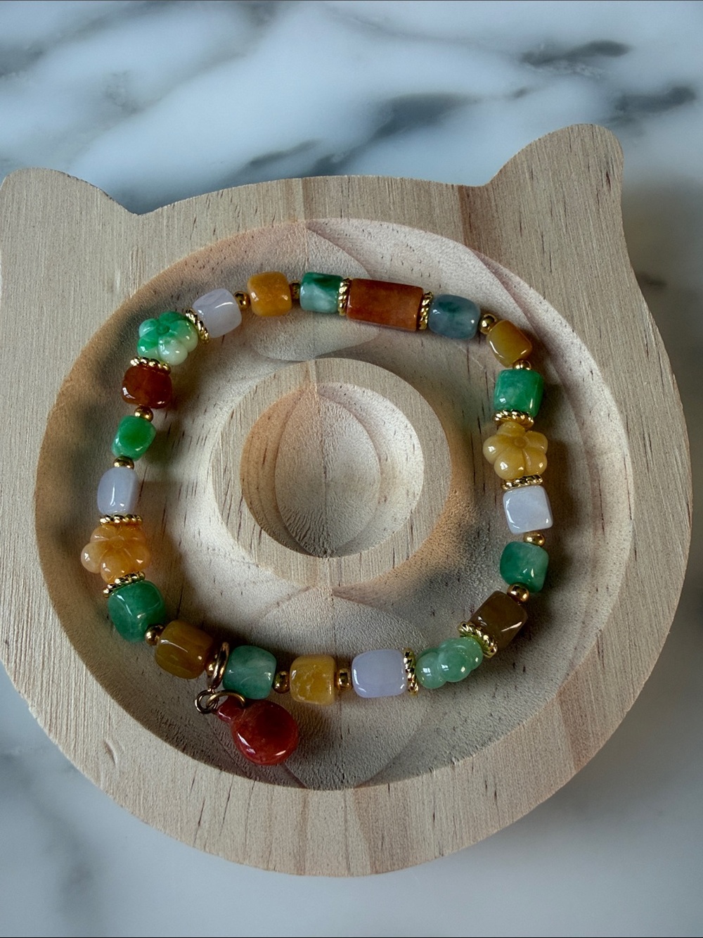 Multicolor Beaded Stretch Bracelet with Gold Accents.Myanmar jadeite type A.